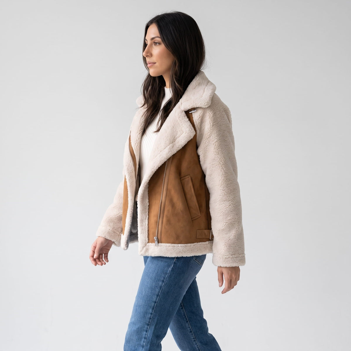 Suede Leather Shearling Aviator Jacket – Oversized Lapel & Sherpa Trim | Calla