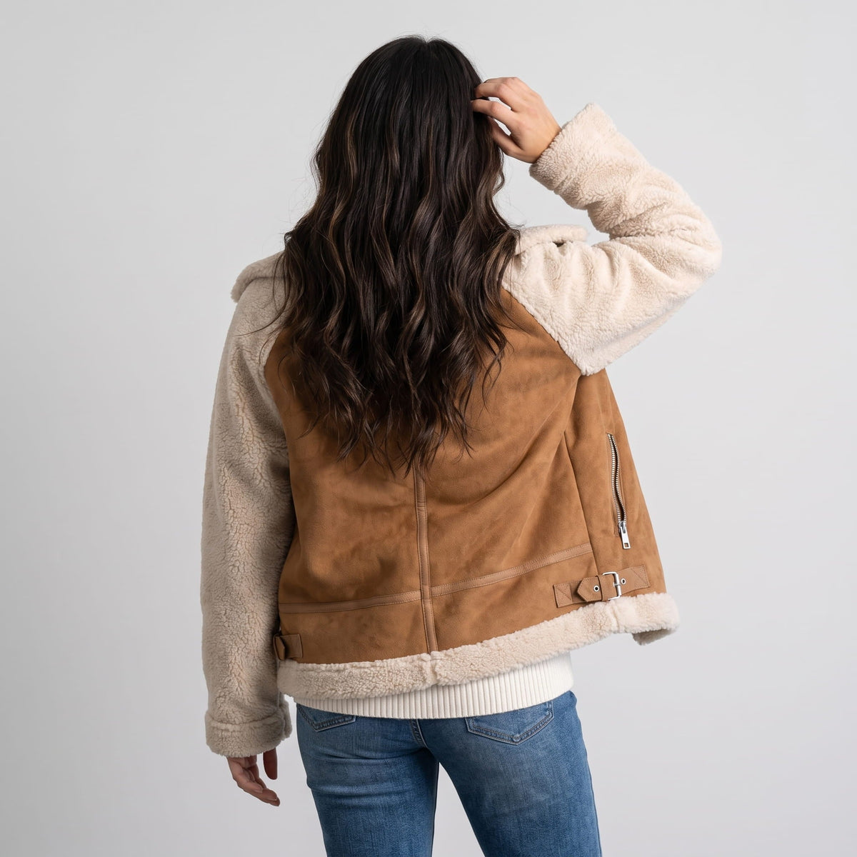 Suede Leather Shearling Aviator Jacket – Oversized Lapel & Sherpa Trim | Calla