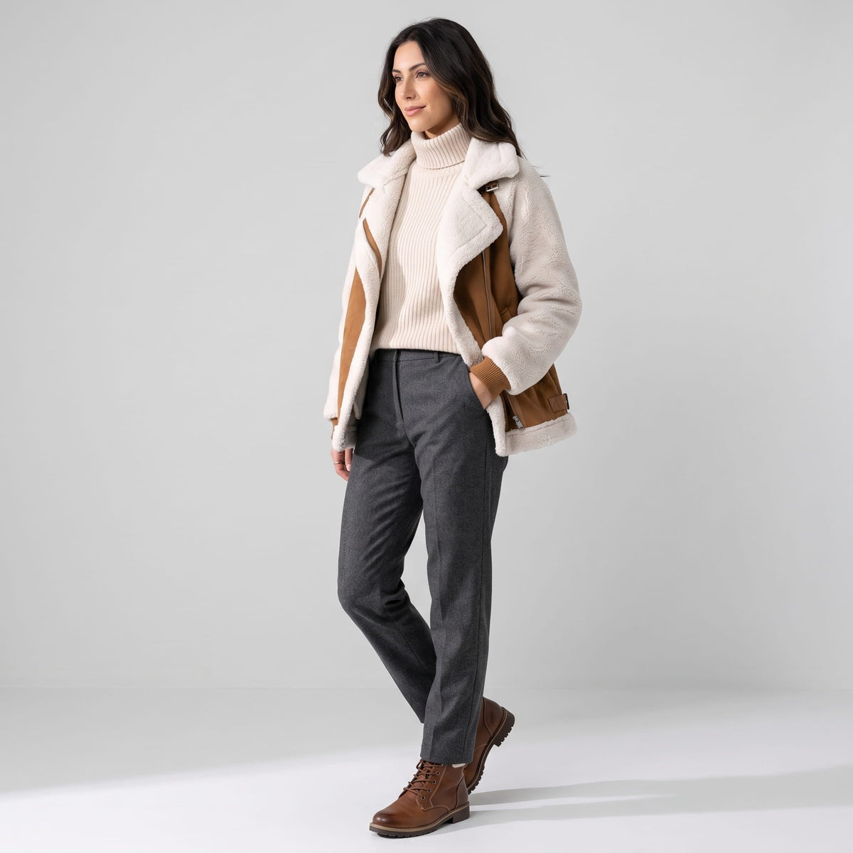 Suede Leather Shearling Aviator Jacket – Oversized Lapel & Sherpa Trim | Calla
