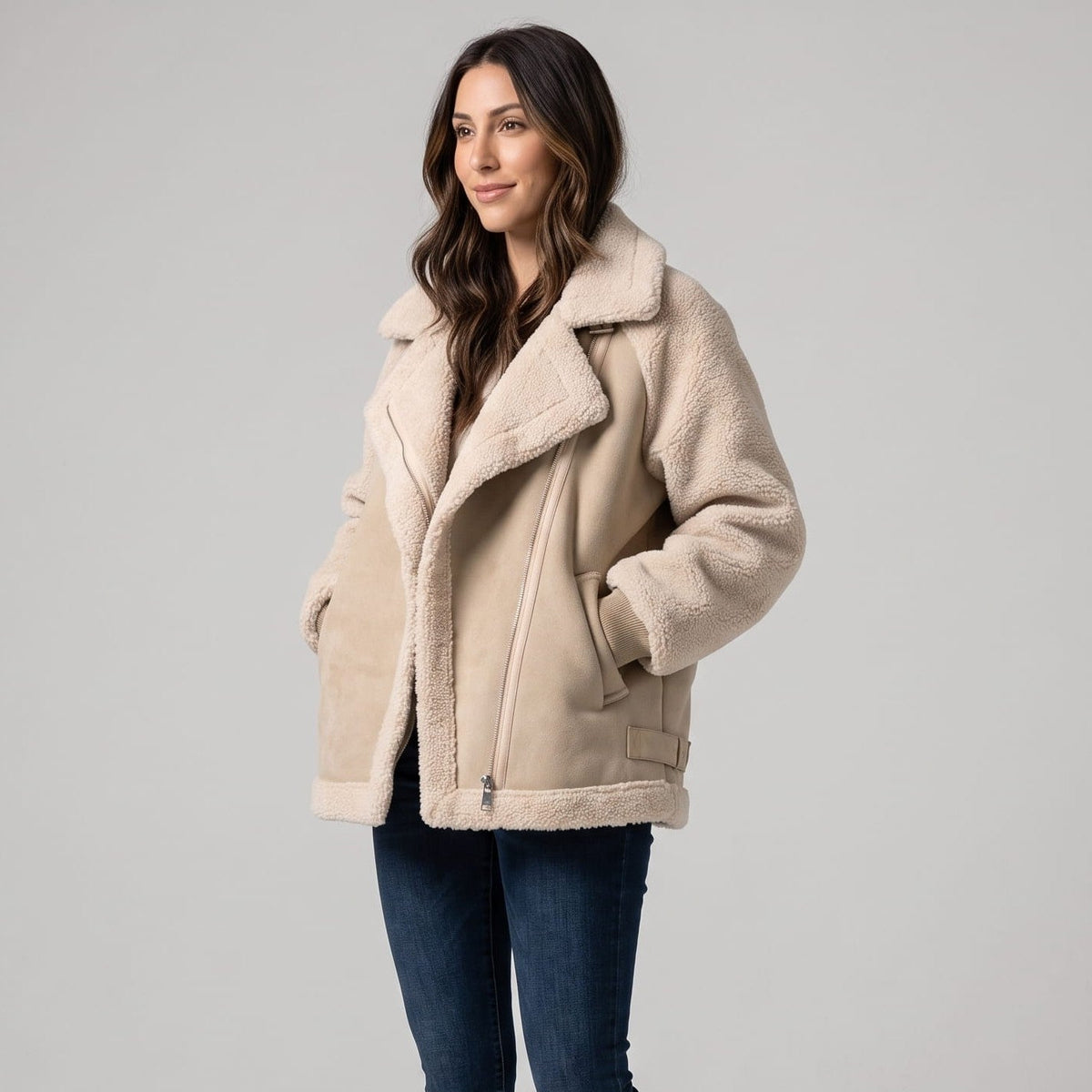 Suede Leather Shearling Aviator Jacket – Oversized Lapel & Sherpa Trim | Calla