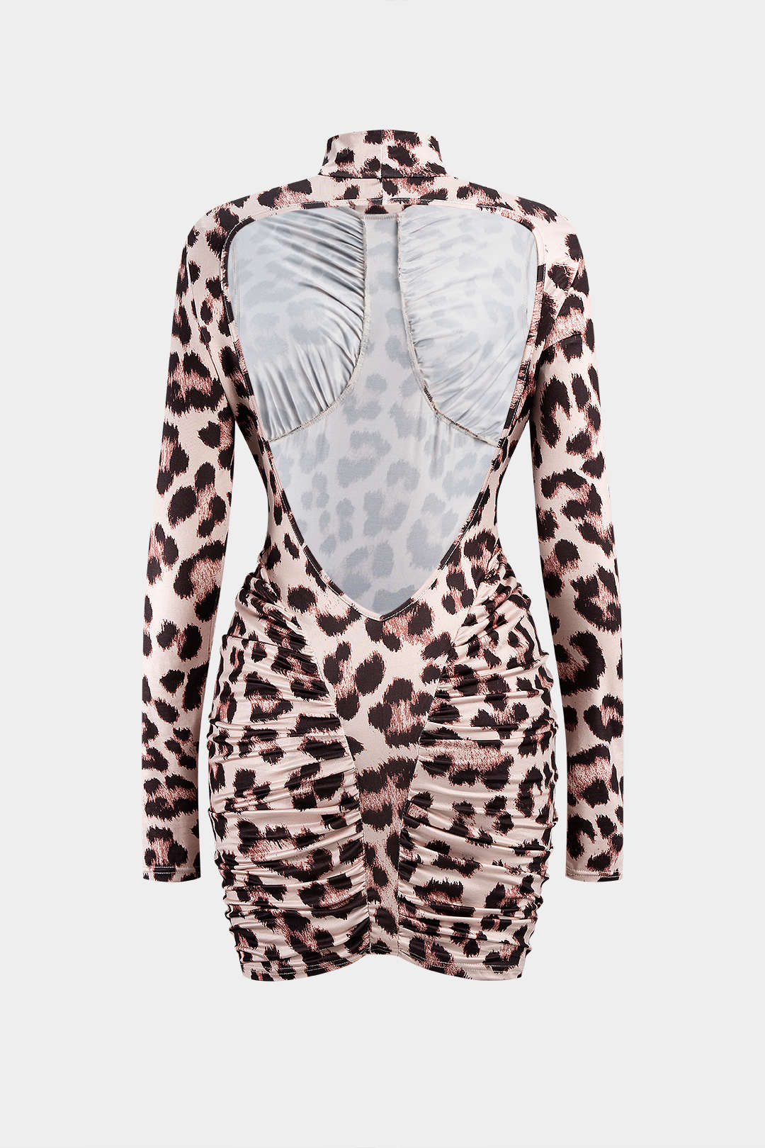 Women's Leopard Print Ruched Mini Dress – Fitted Long Sleeve High Neck Bodycon Dress for Evening Parties and Special Occasions