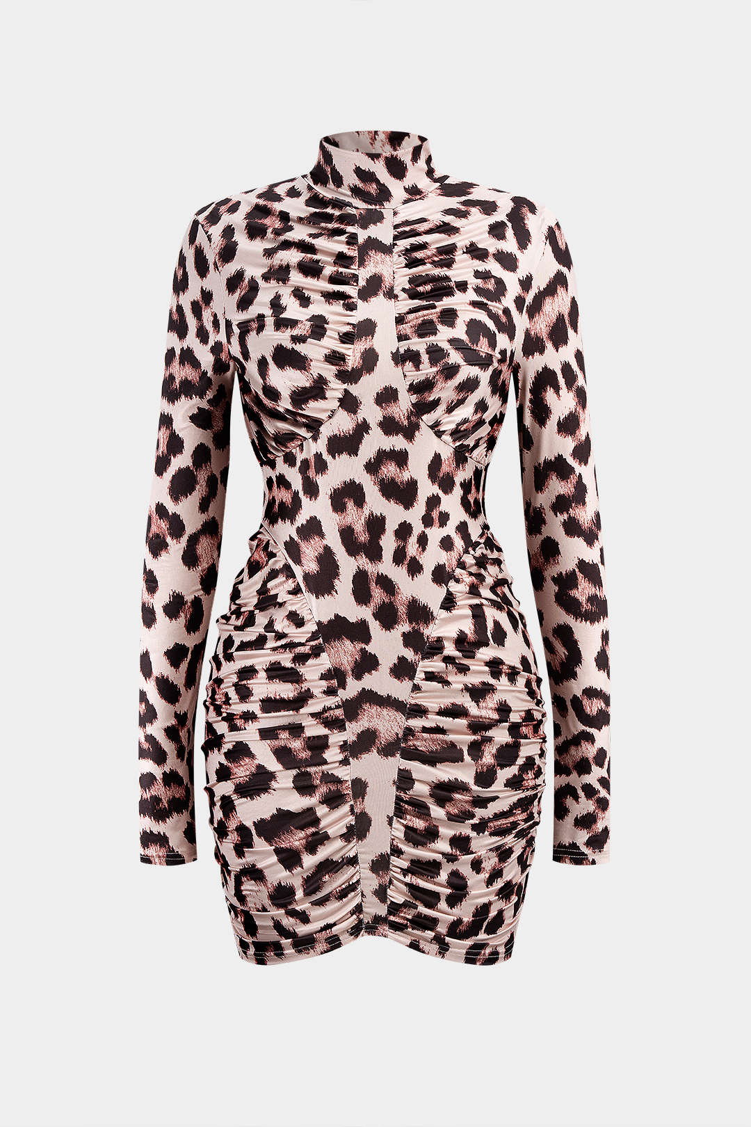 Women's Leopard Print Ruched Mini Dress – Fitted Long Sleeve High Neck Bodycon Dress for Evening Parties and Special Occasions