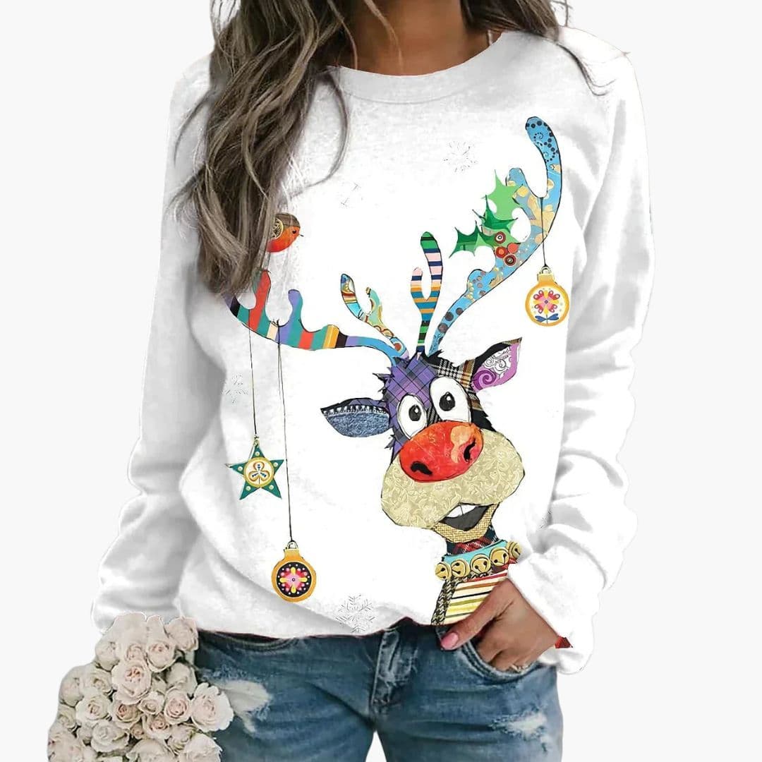 Women’s Christmas Reindeer Sweatshirt with Long Sleeves – Relaxed Crew Neck Style for Casual Festive Outfits
