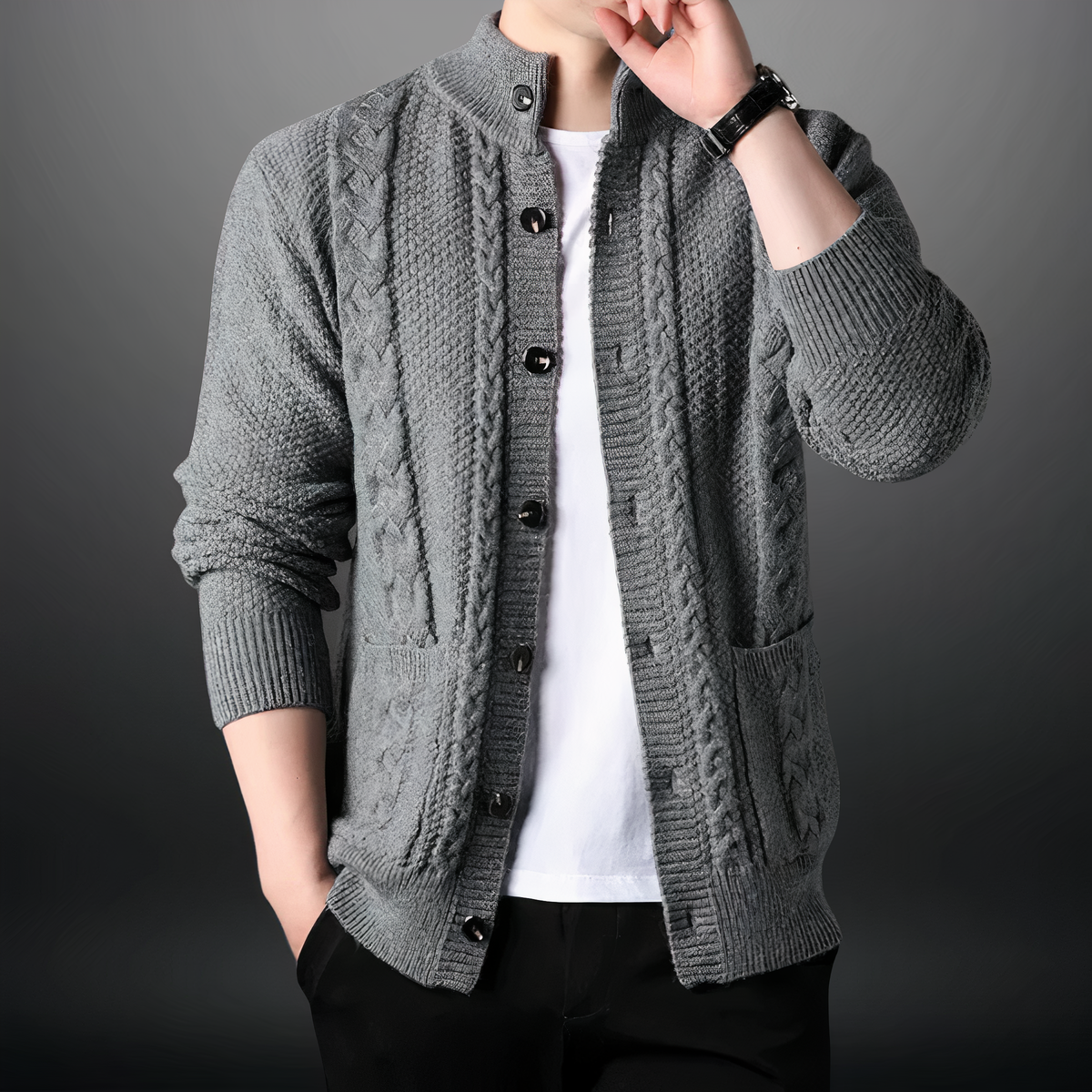 Men's Cable Knit Cardigan | Button-Up High Collar Knit