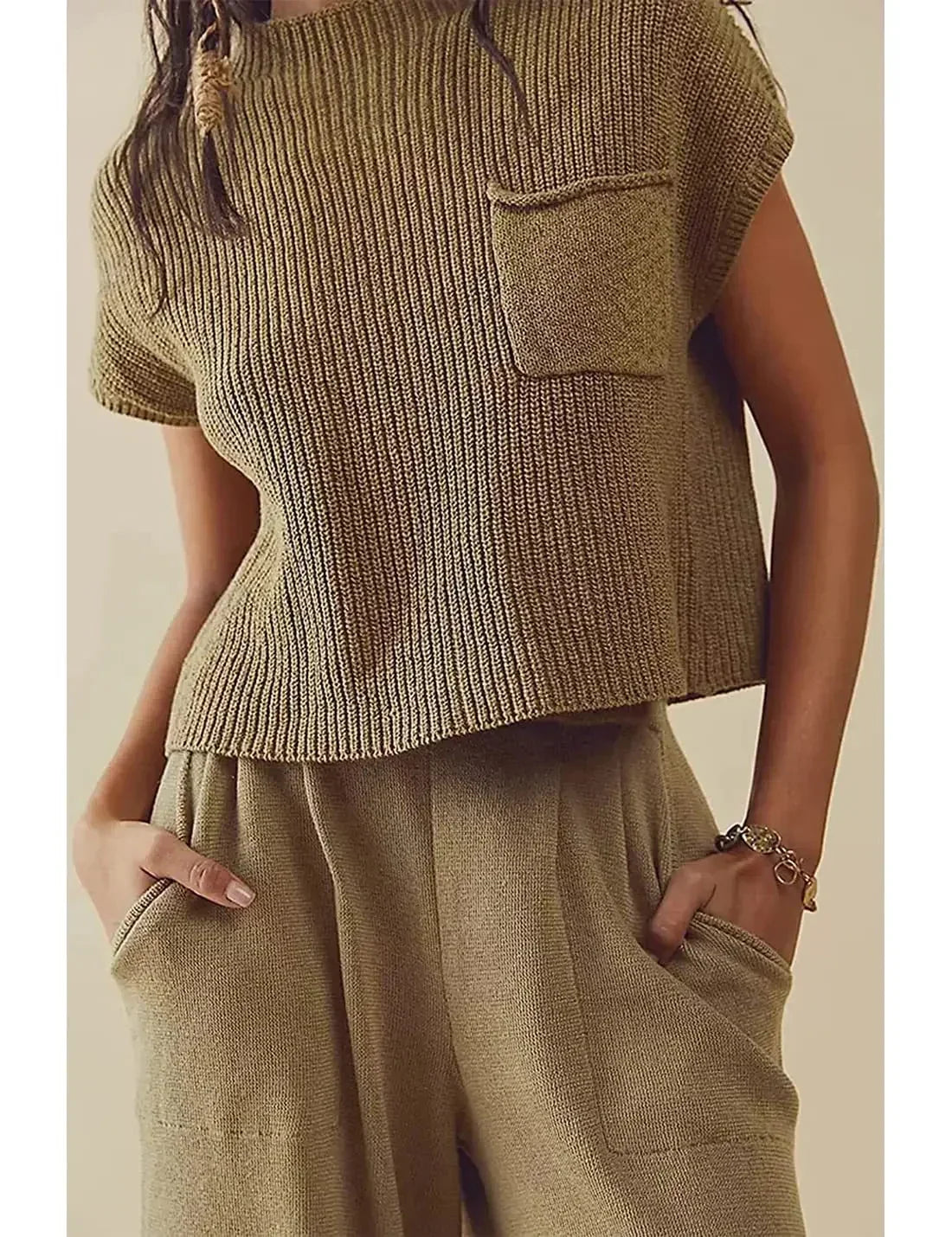 Women's Relaxed Fit Short Sleeve Knitted Top with Ribbed Texture and High Neck – Lightweight Casual Knit Blouse with Chest Pocket for Spring and Summer Everyday Wear