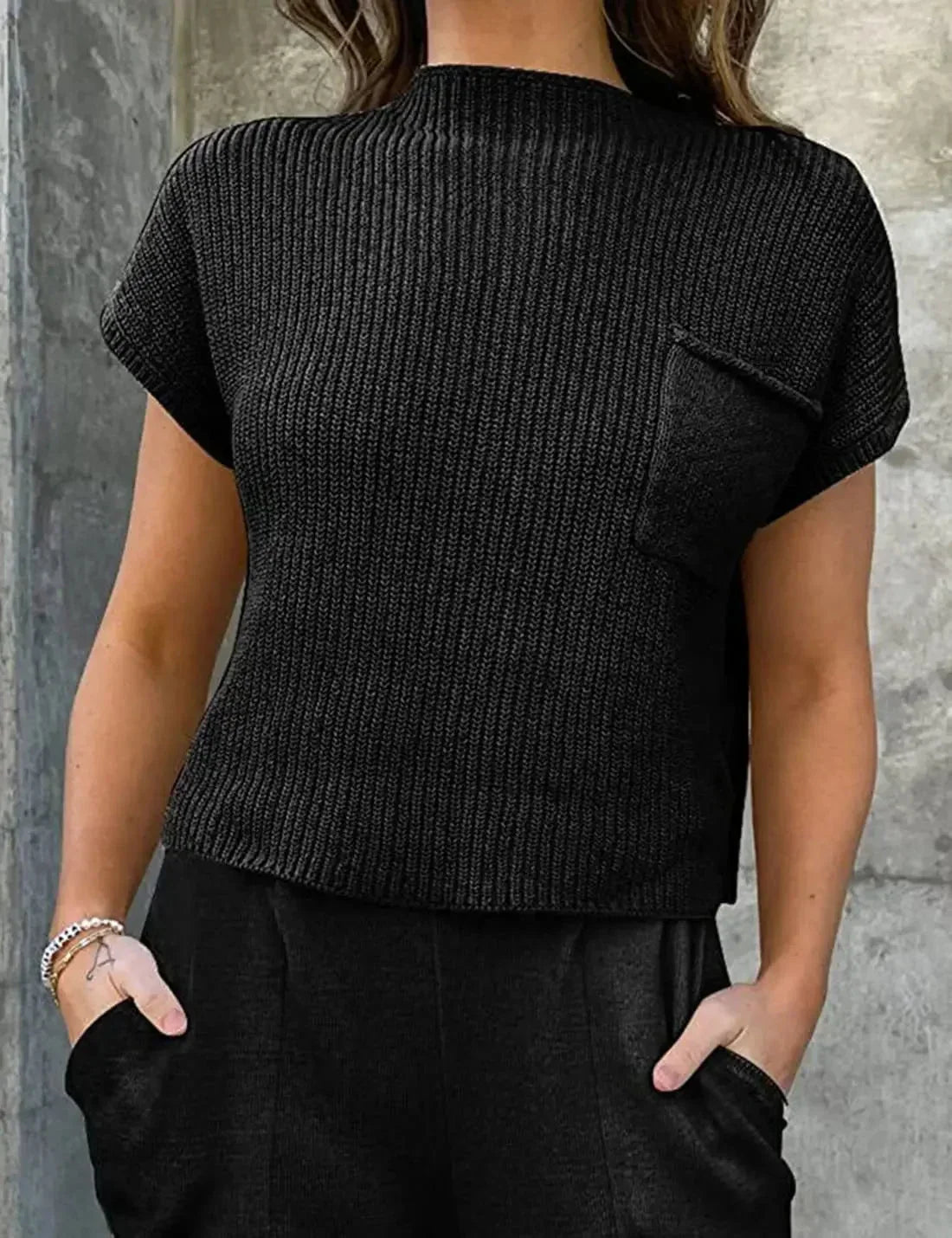 Women's Relaxed Fit Short Sleeve Knitted Top with Ribbed Texture and High Neck – Lightweight Casual Knit Blouse with Chest Pocket for Spring and Summer Everyday Wear