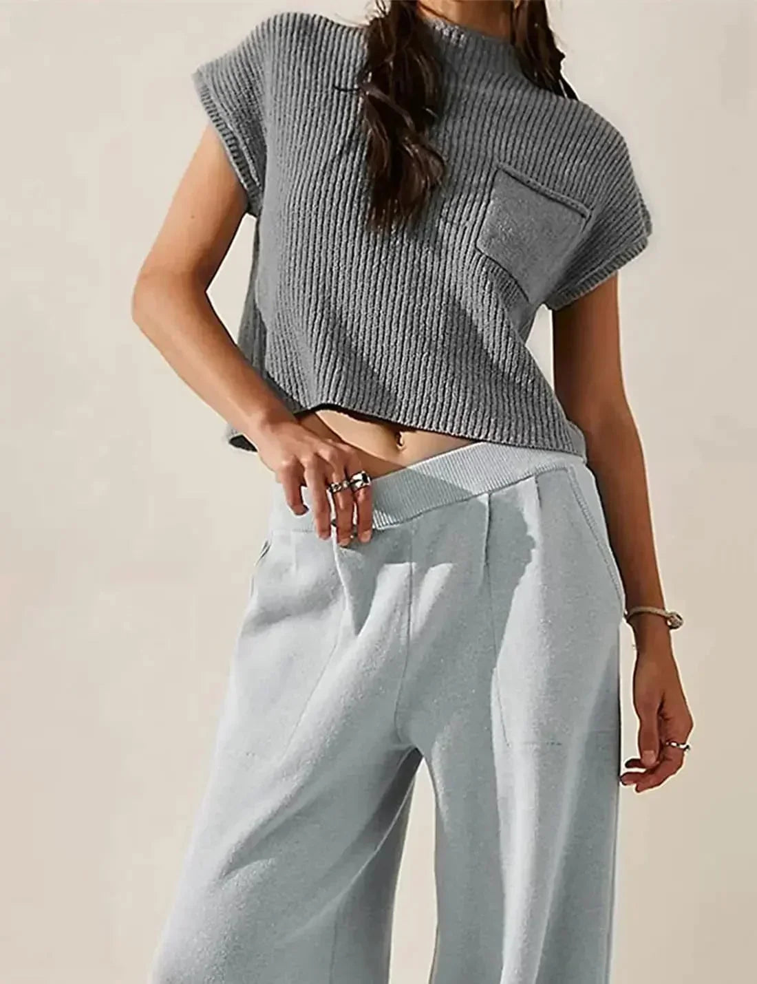 Women's Relaxed Fit Short Sleeve Knitted Top with Ribbed Texture and High Neck – Lightweight Casual Knit Blouse with Chest Pocket for Spring and Summer Everyday Wear