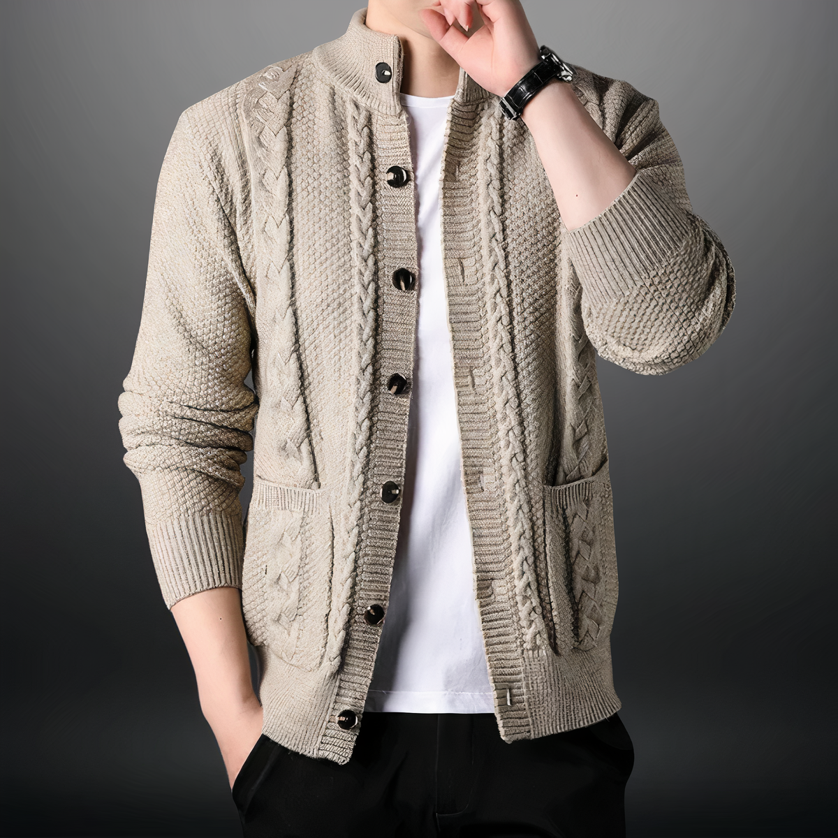 Men's Cable Knit Cardigan | Button-Up High Collar Knit