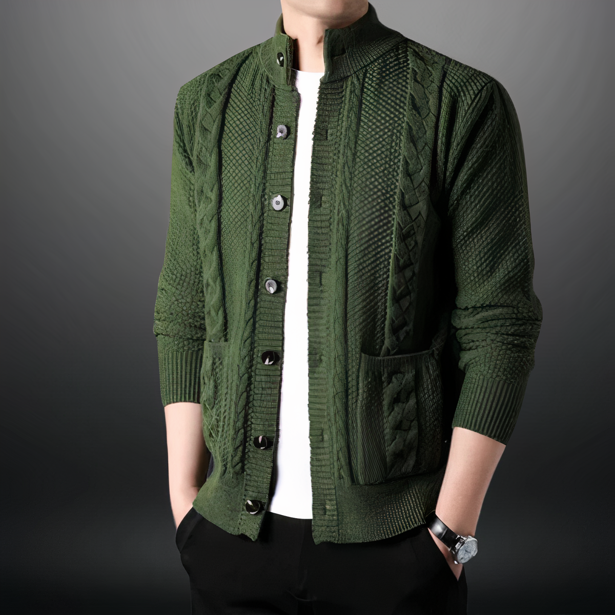 Men's Cable Knit Cardigan | Button-Up High Collar Knit