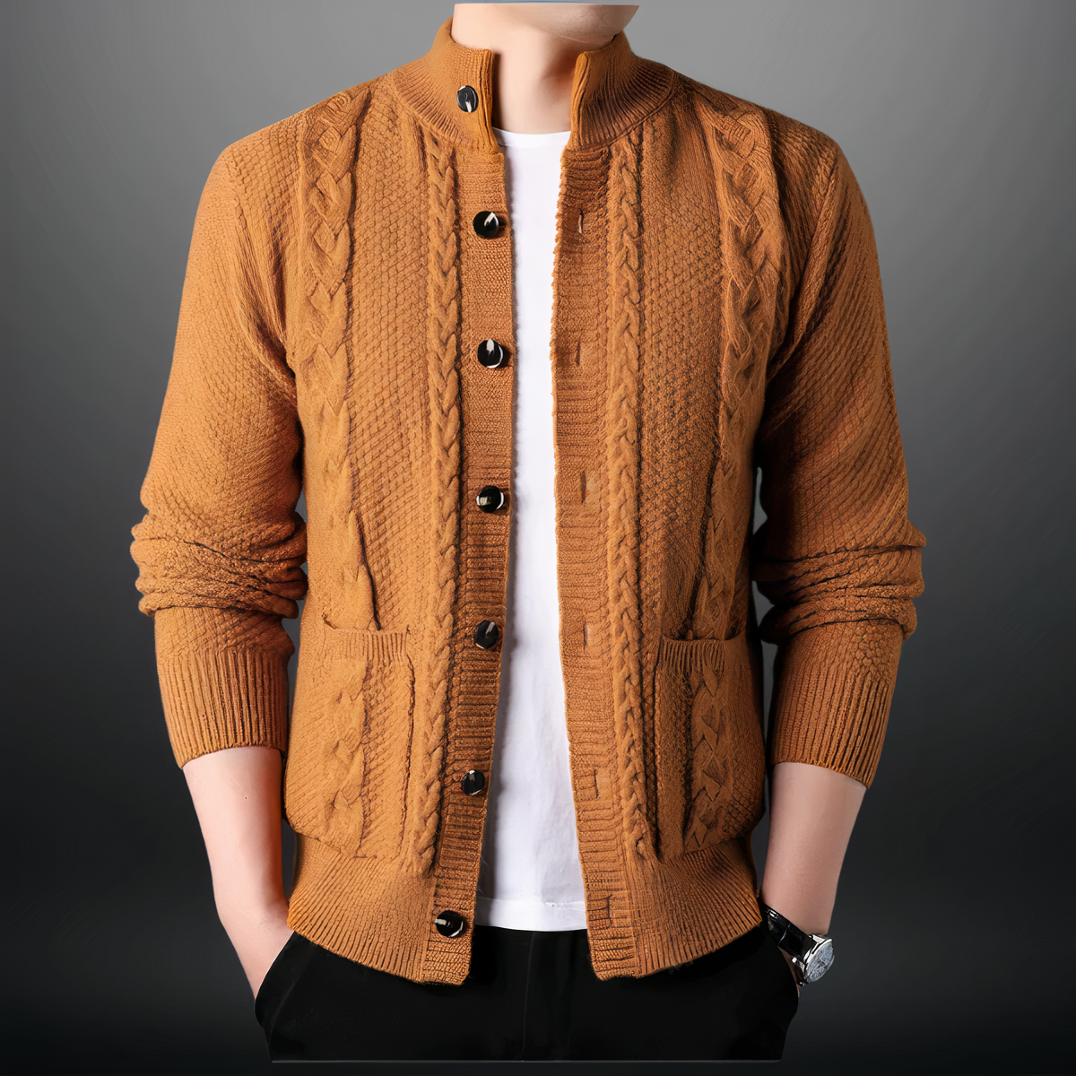 Men's Cable Knit Cardigan | Button-Up High Collar Knit