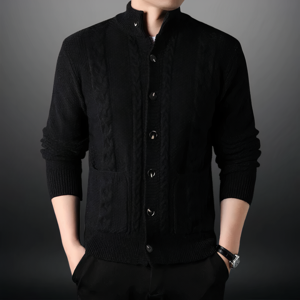 Men's Cable Knit Cardigan | Button-Up High Collar Knit