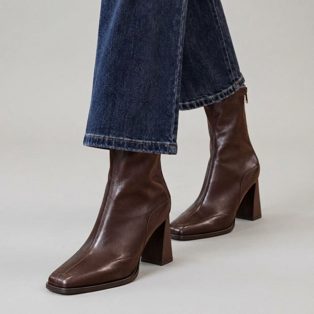 Tyla - Women's Flared Block Heel Ankle Boots with Square Toe
