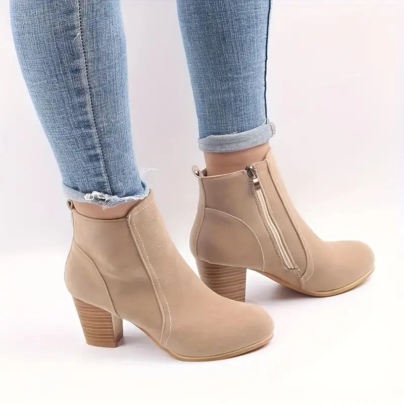 Women's Block Heel Ankle Boots with Side Zip
