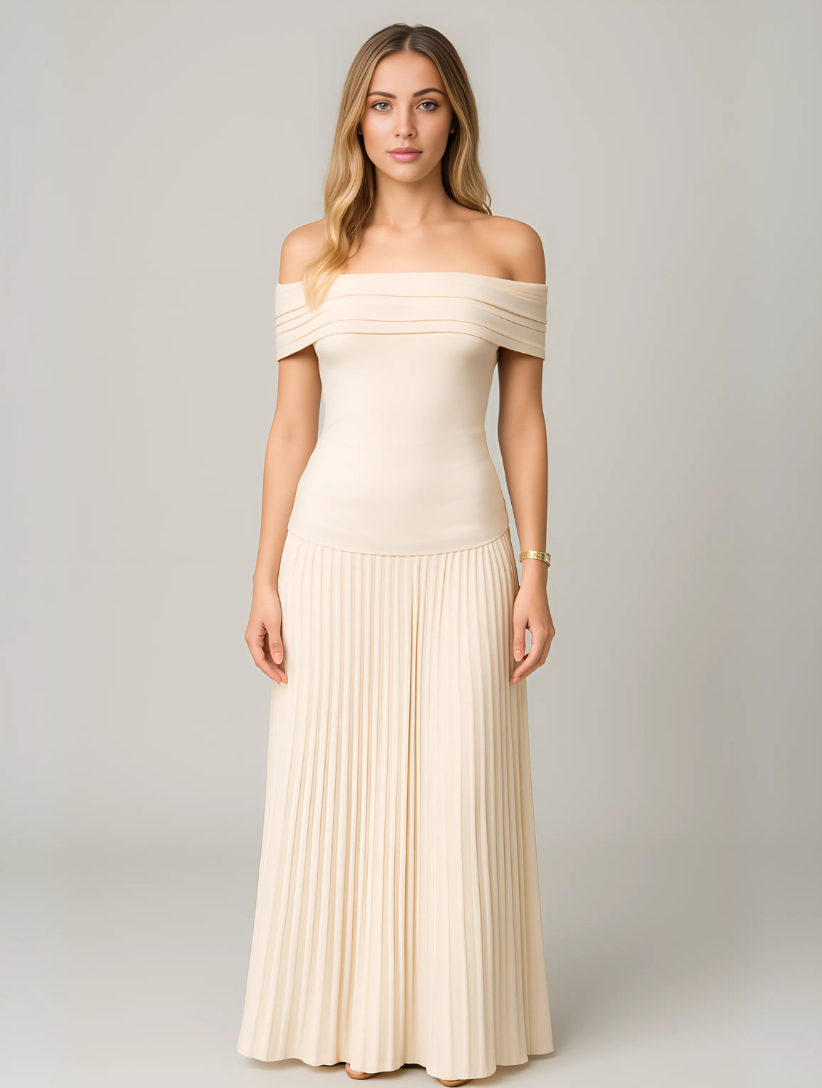 Women's Off-Shoulder Pleated Maxi Dress | Ruched Bodice