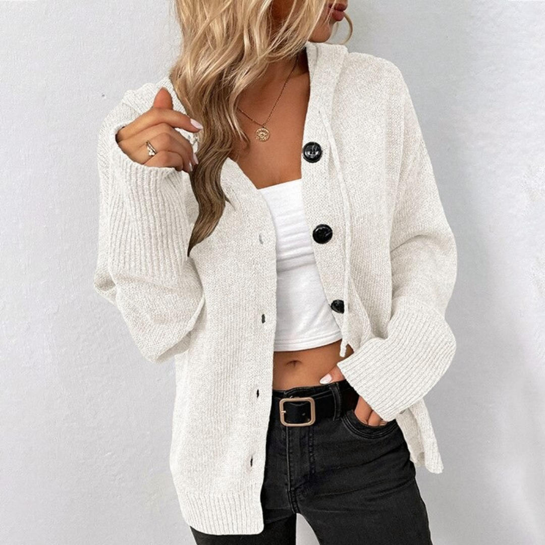 Women's Ribbed Cardigan with Button Front and Hood