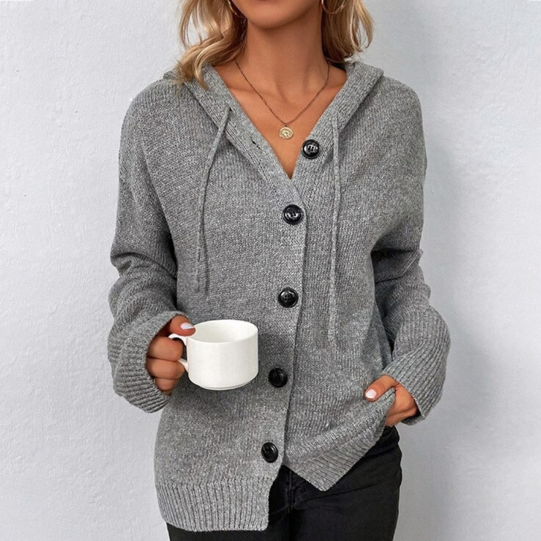 Women's Ribbed Cardigan with Button Front and Hood