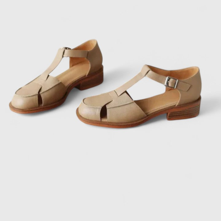 Women's T-Strap Sandals with Buckle and Low Stacked Heel