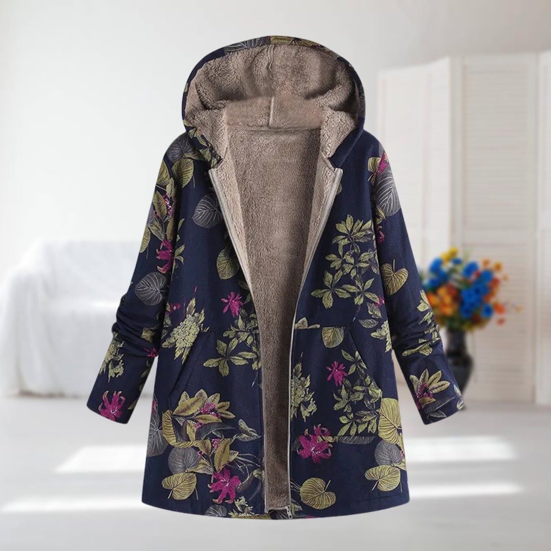 Women’s Floral Fleece-Lined Hooded Jacket with Zip Front – Relaxed Fit Winter Outerwear with Plush Lining and Pockets for Everyday Seasonal Layering