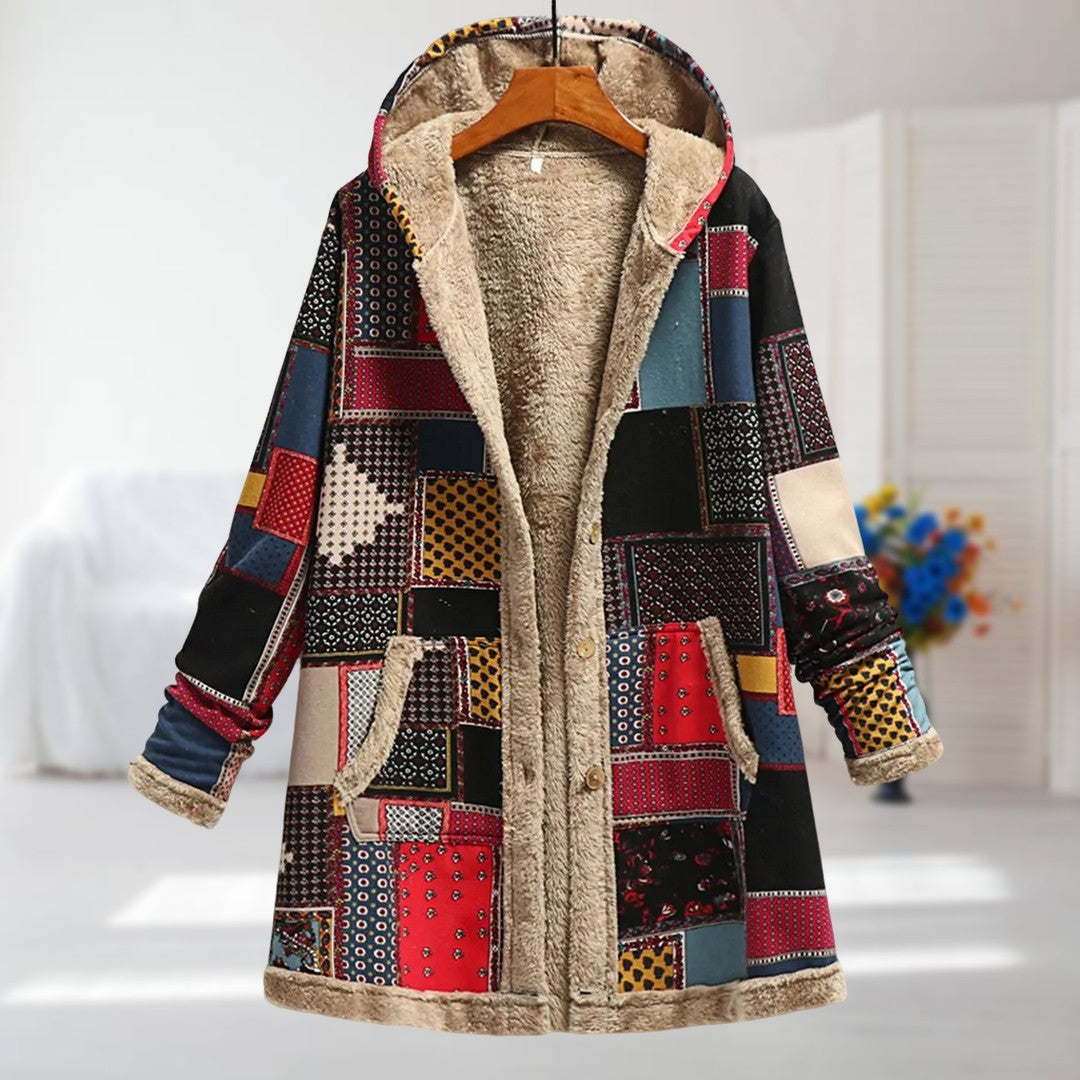 Women’s Floral Fleece-Lined Hooded Jacket with Zip Front – Relaxed Fit Winter Outerwear with Plush Lining and Pockets for Everyday Seasonal Layering
