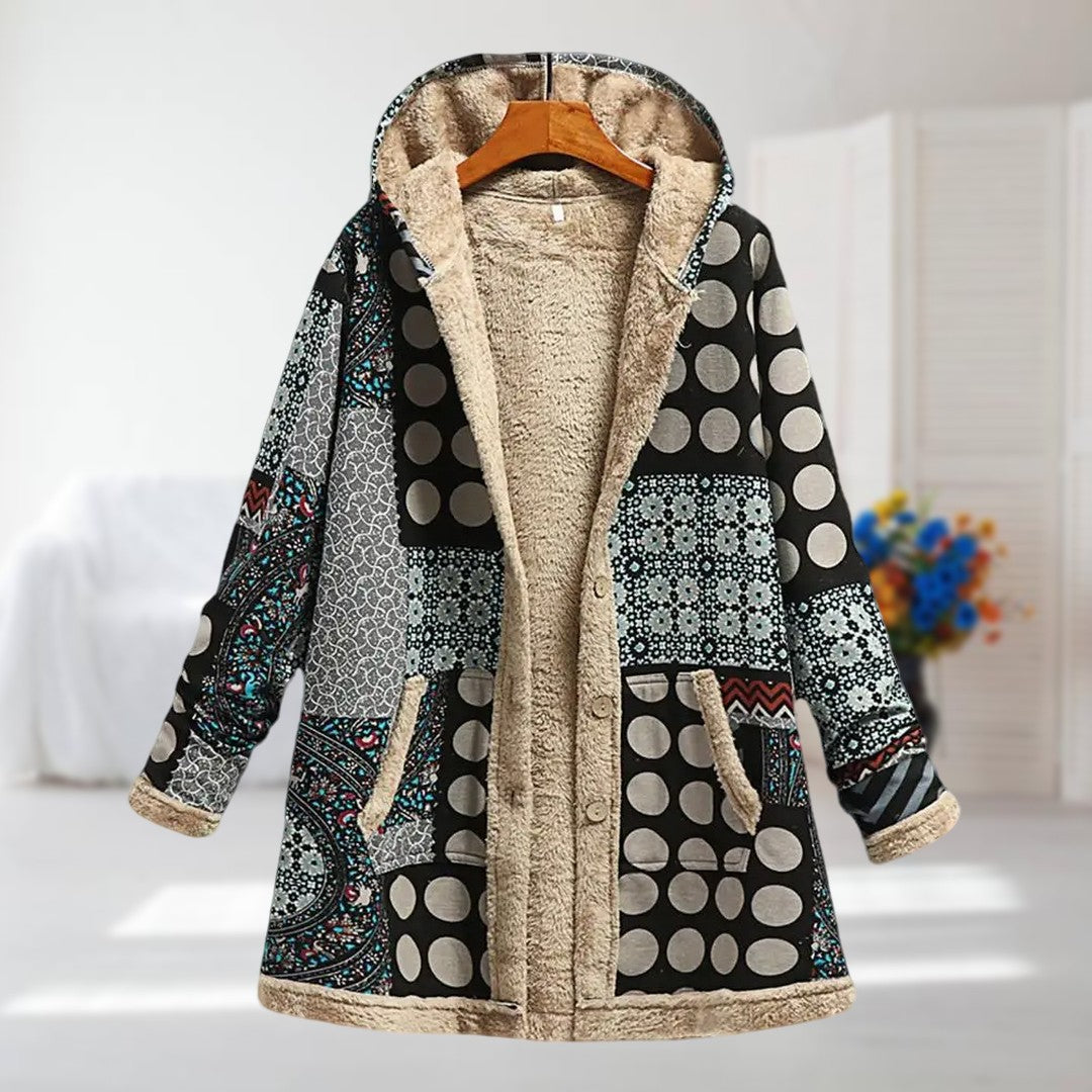 Women’s Floral Fleece-Lined Hooded Jacket with Zip Front – Relaxed Fit Winter Outerwear with Plush Lining and Pockets for Everyday Seasonal Layering