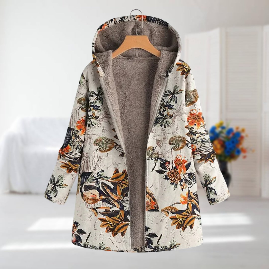 Women’s Floral Fleece-Lined Hooded Jacket with Zip Front – Relaxed Fit Winter Outerwear with Plush Lining and Pockets for Everyday Seasonal Layering