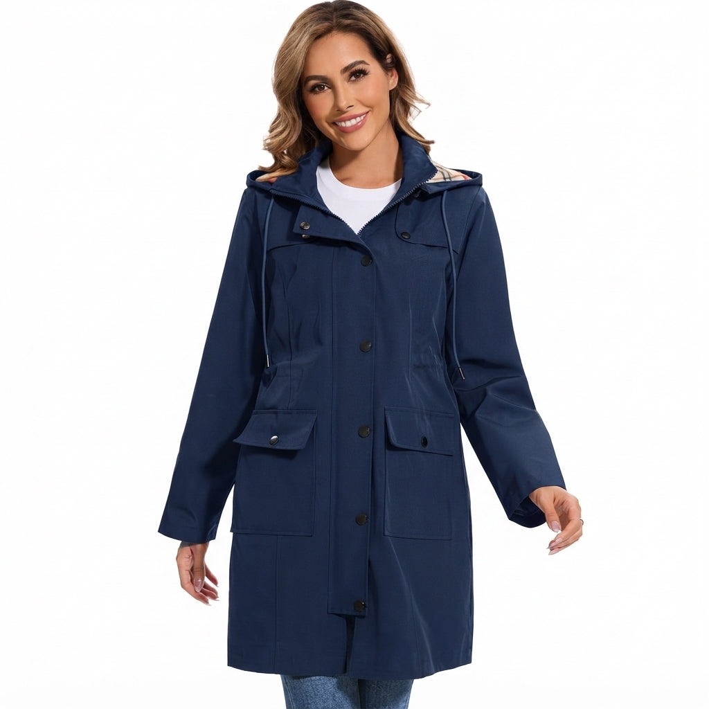 Women's Hooded Raincoat with Fleece Check Lining