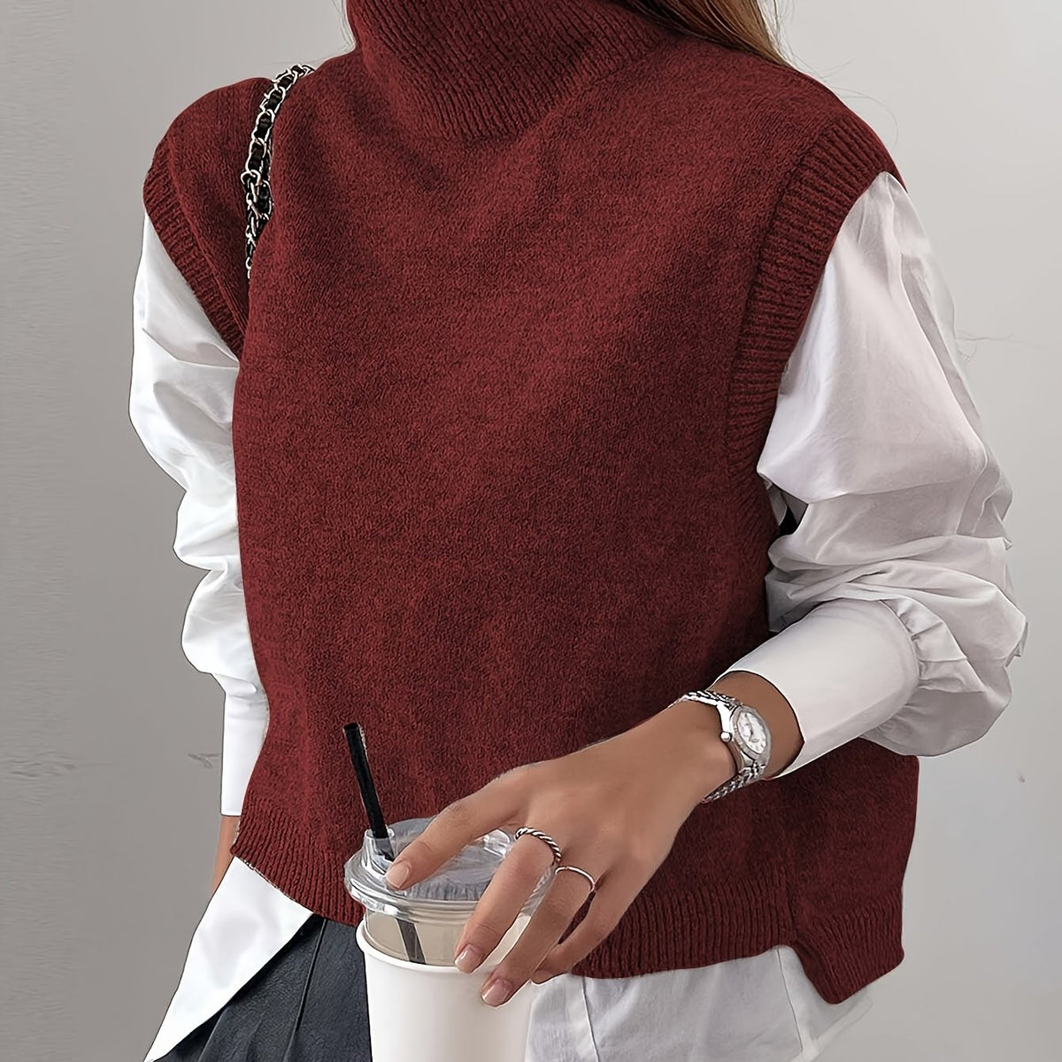 Women’s High-Neck Knitted Sweater Vest with Ribbed Trims and Side Splits – Relaxed Sleeveless Layer for Classic Everyday and Smart Casual Dressing