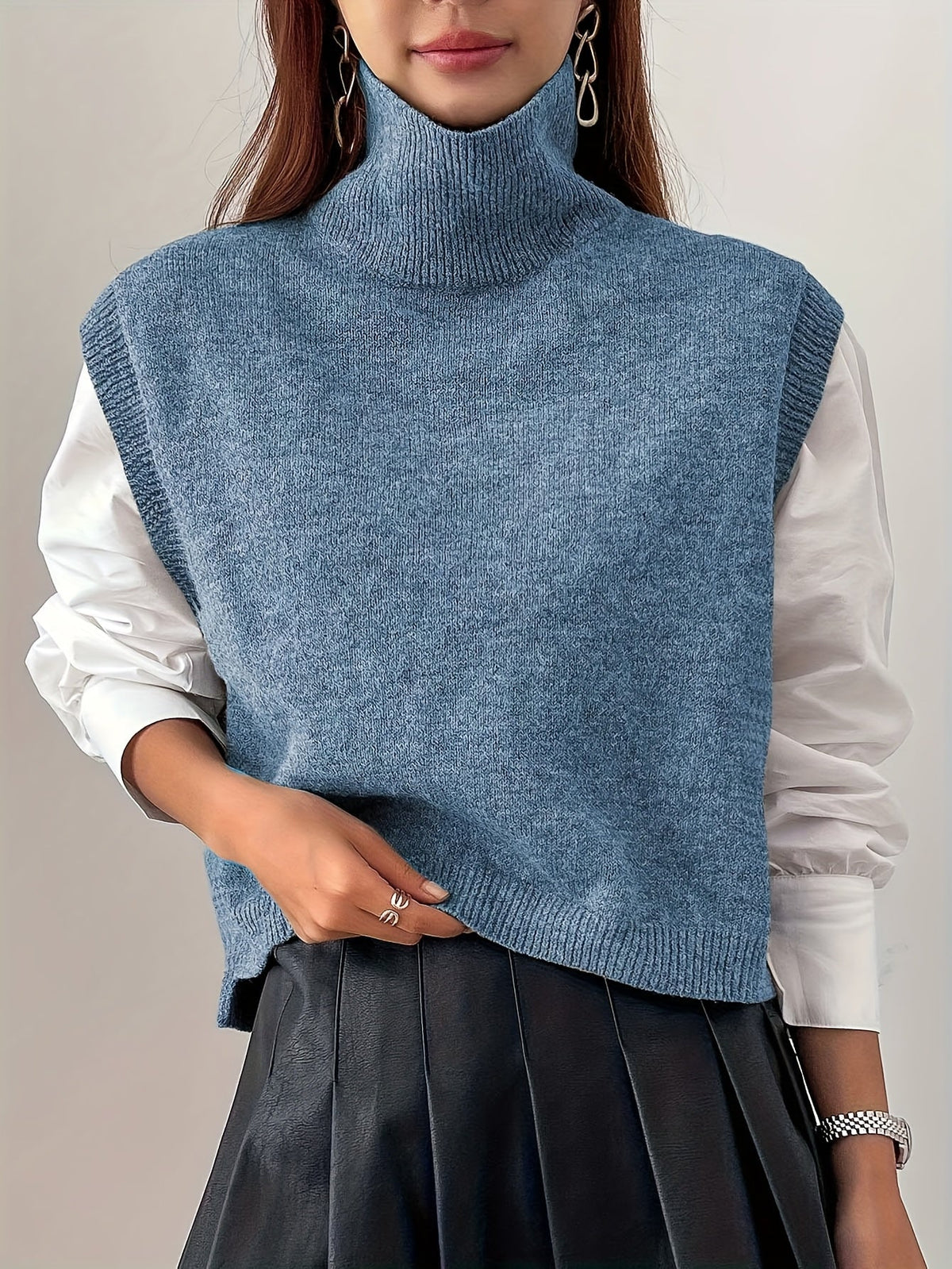 Women’s High-Neck Knitted Sweater Vest with Ribbed Trims and Side Splits – Relaxed Sleeveless Layer for Classic Everyday and Smart Casual Dressing
