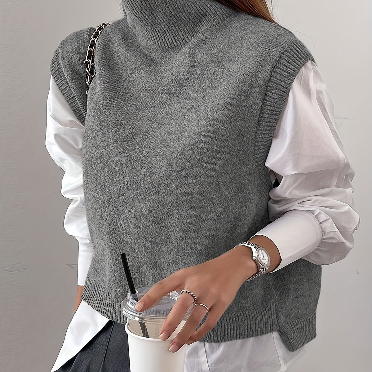 Women’s High-Neck Knitted Sweater Vest with Ribbed Trims and Side Splits – Relaxed Sleeveless Layer for Classic Everyday and Smart Casual Dressing
