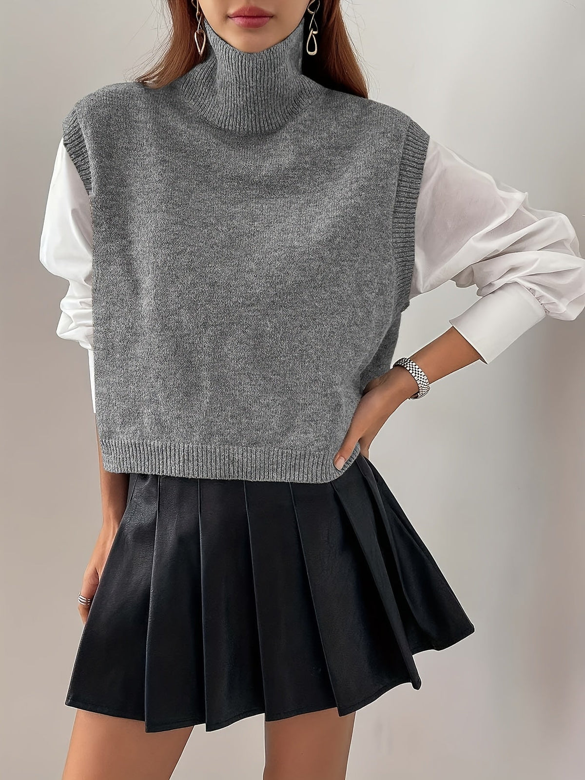 Women’s High-Neck Knitted Sweater Vest with Ribbed Trims and Side Splits – Relaxed Sleeveless Layer for Classic Everyday and Smart Casual Dressing