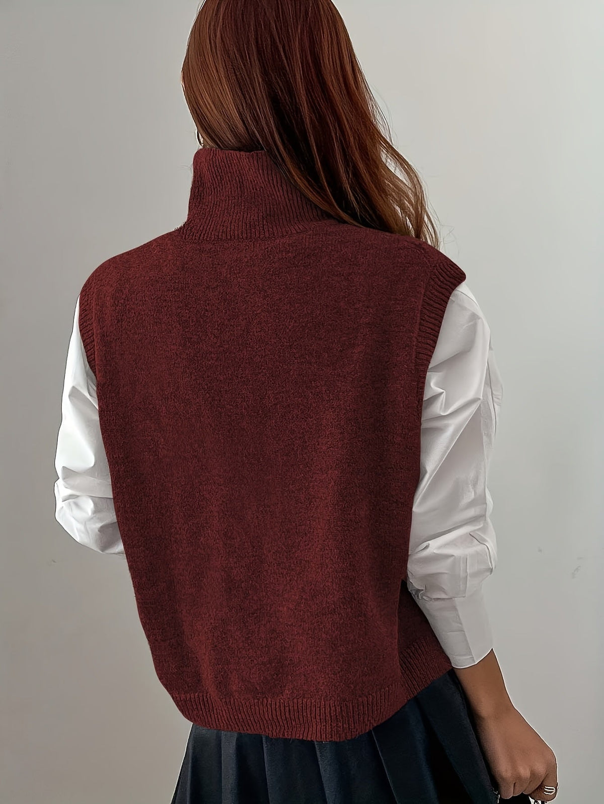 Women’s High-Neck Knitted Sweater Vest with Ribbed Trims and Side Splits – Relaxed Sleeveless Layer for Classic Everyday and Smart Casual Dressing
