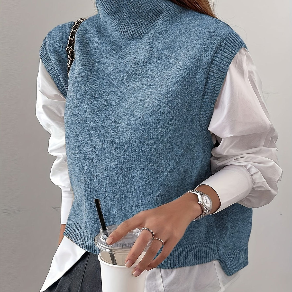 Women’s High-Neck Knitted Sweater Vest with Ribbed Trims and Side Splits – Relaxed Sleeveless Layer for Classic Everyday and Smart Casual Dressing