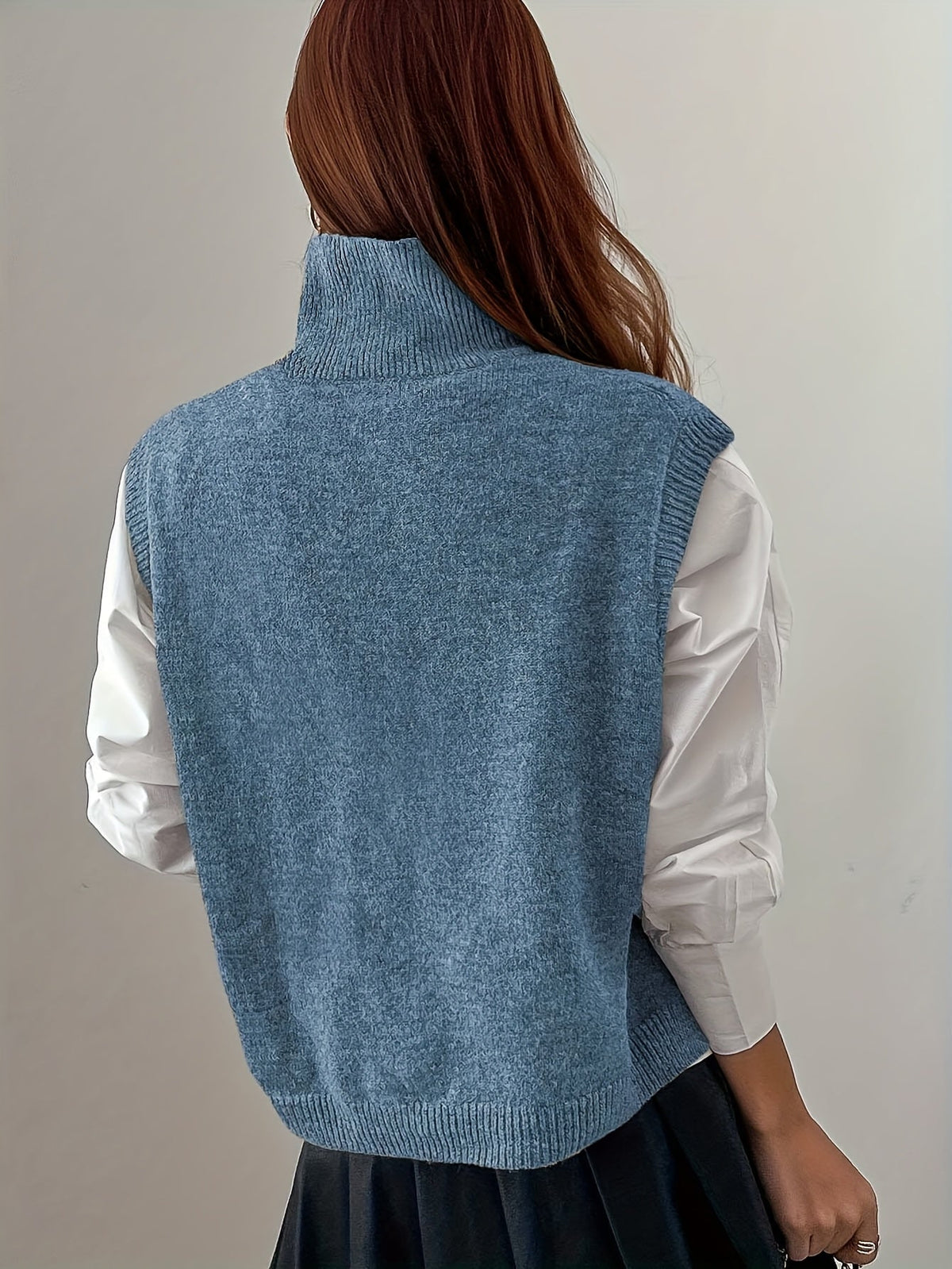 Women’s High-Neck Knitted Sweater Vest with Ribbed Trims and Side Splits – Relaxed Sleeveless Layer for Classic Everyday and Smart Casual Dressing
