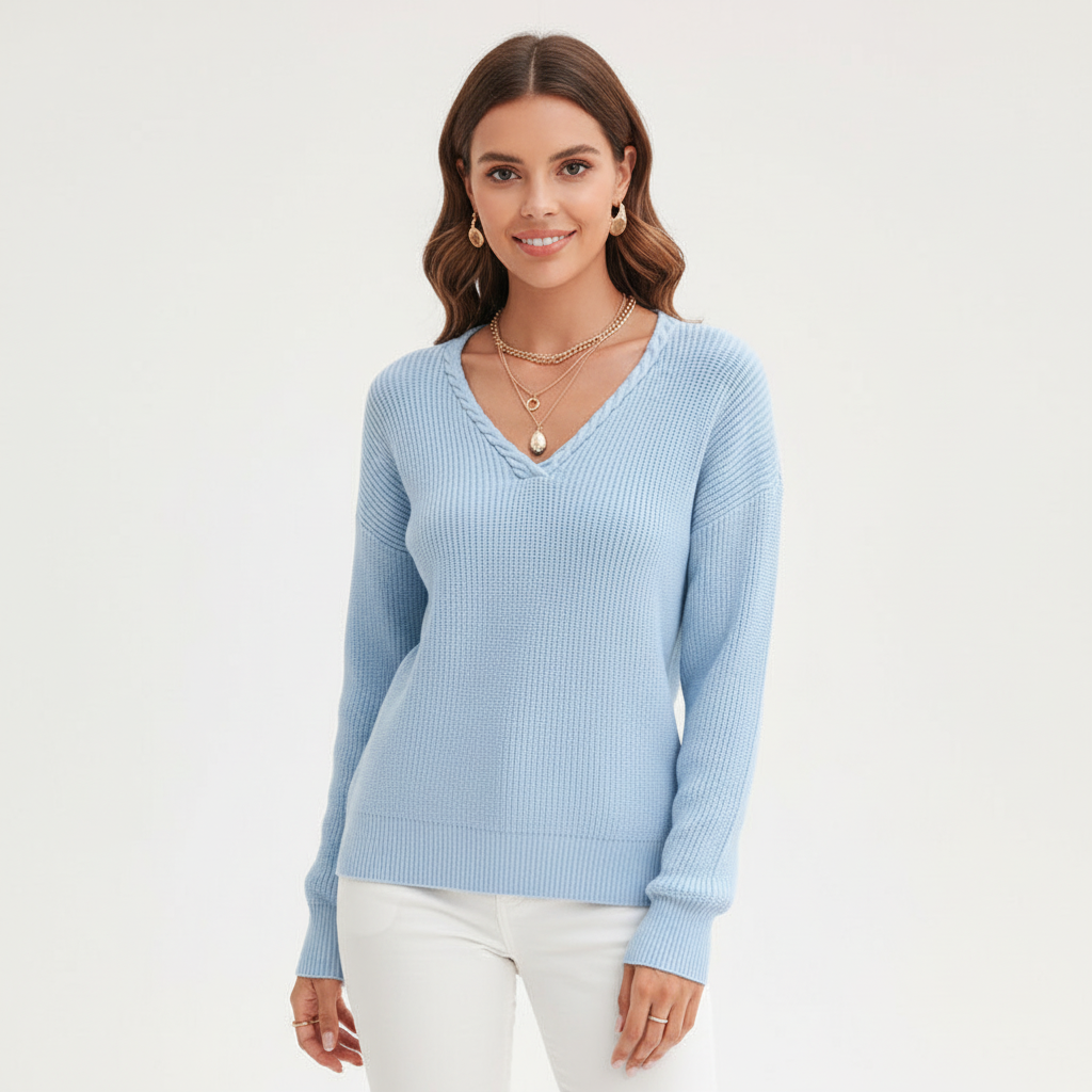 Women's Ribbed V-Neck Jumper with Long Sleeves