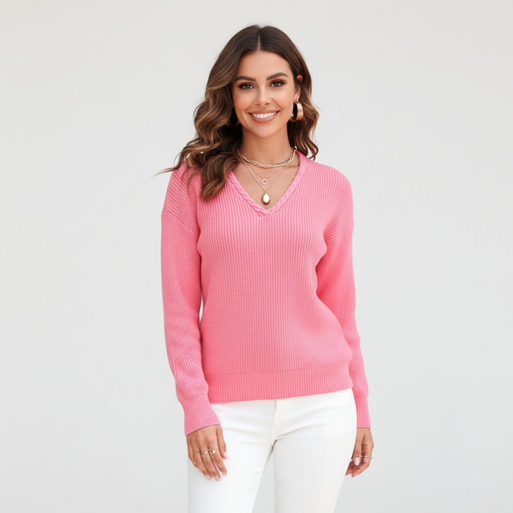 Women's Ribbed V-Neck Jumper with Long Sleeves