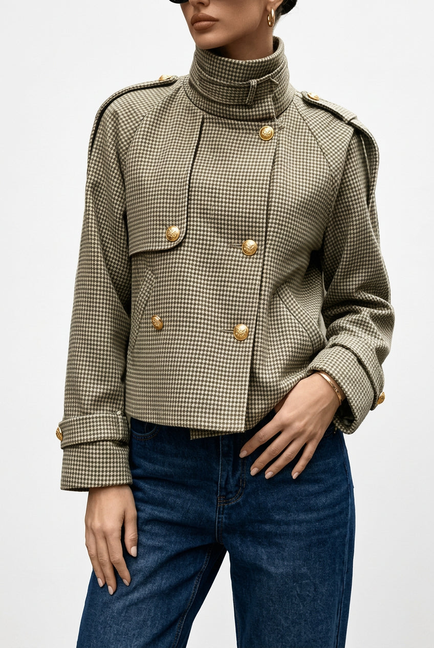 Women's Elegant Cropped Jacket with High Stand Collar and Classic Printed Design – Relaxed Fit Button-Front Casual Outerwear with Long Sleeves for Smart Casual Office Wear and Autumn City Styling