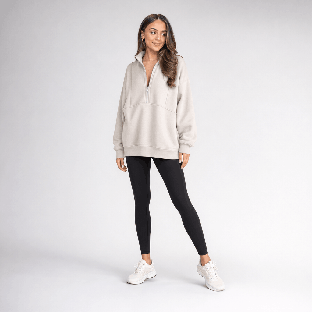 Valeria Oversized Fleece Half Zip Sweatshirt – Folded Collar Kangaroo Pocket Drop Shoulder Pullover