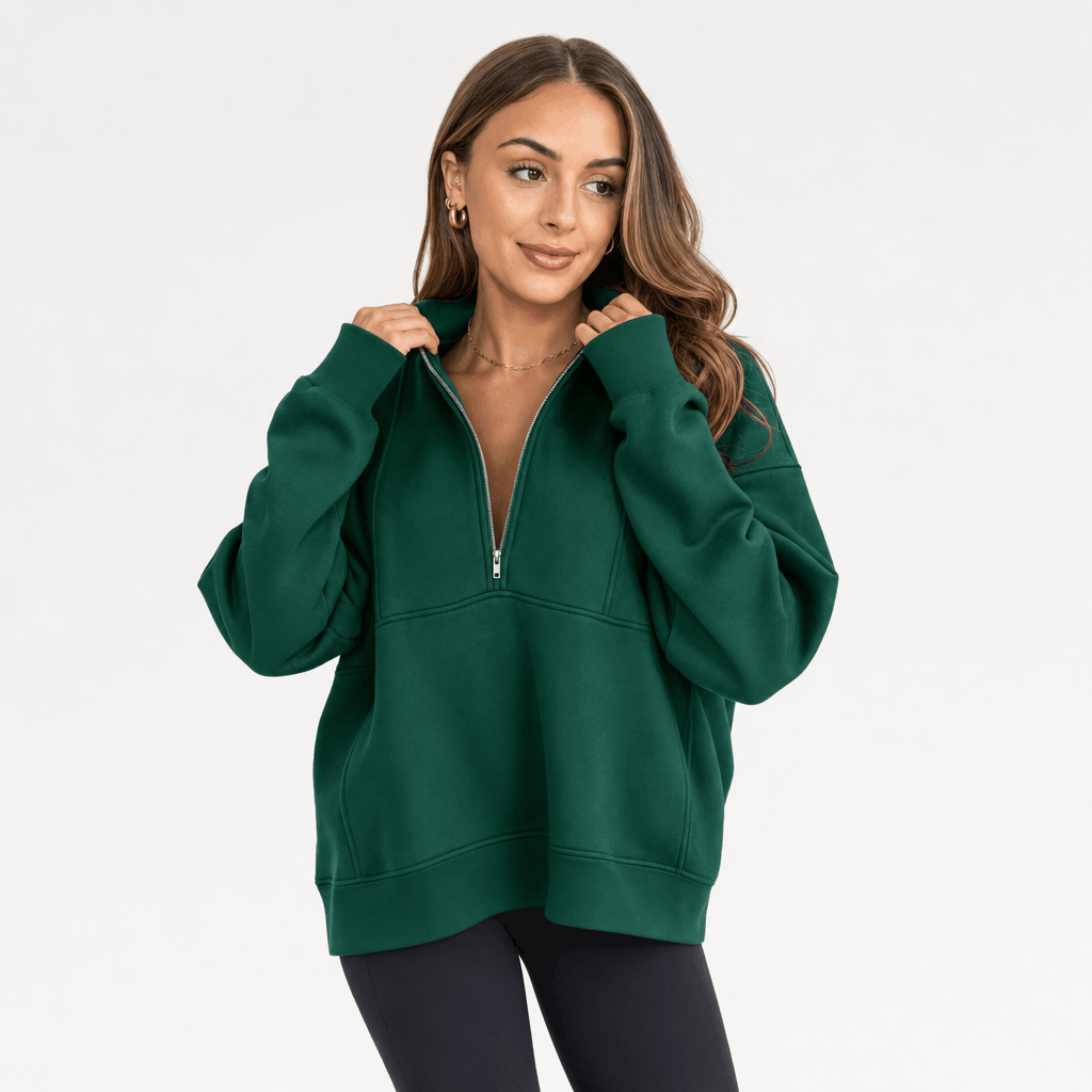Valeria Oversized Fleece Half Zip Sweatshirt – Folded Collar Kangaroo Pocket Drop Shoulder Pullover