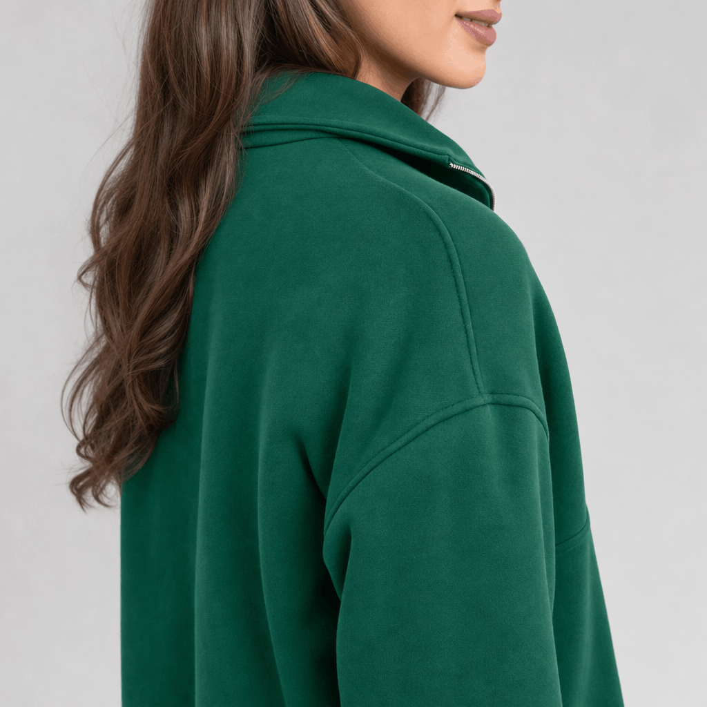 Valeria Oversized Fleece Half Zip Sweatshirt – Folded Collar Kangaroo Pocket Drop Shoulder Pullover