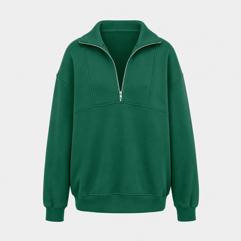 Valeria Oversized Fleece Half Zip Sweatshirt – Folded Collar Kangaroo Pocket Drop Shoulder Pullover