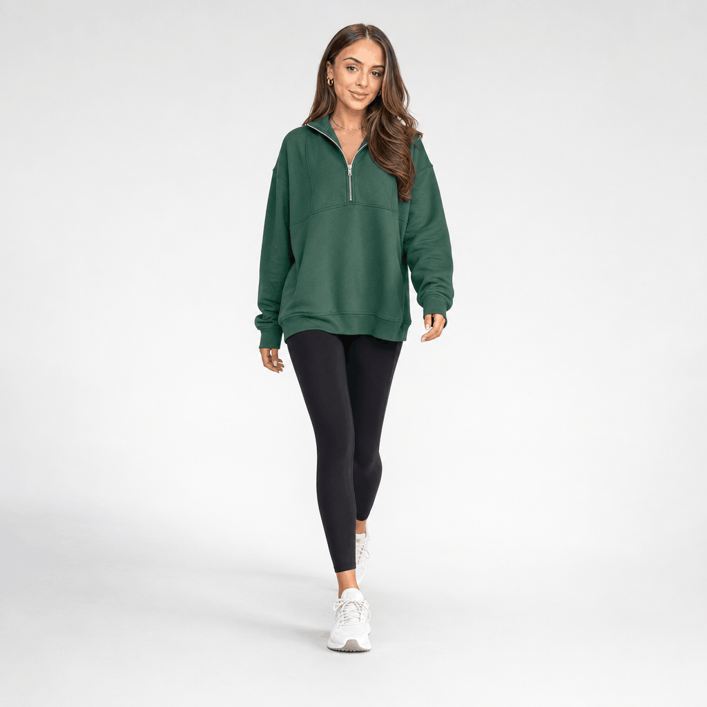 Valeria Oversized Fleece Half Zip Sweatshirt – Folded Collar Kangaroo Pocket Drop Shoulder Pullover