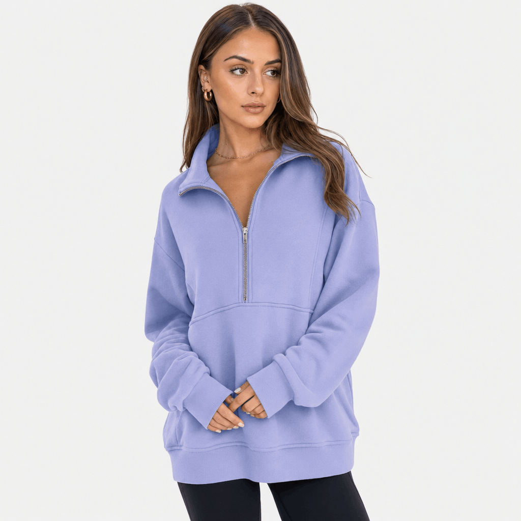 Valeria Oversized Fleece Half Zip Sweatshirt – Folded Collar Kangaroo Pocket Drop Shoulder Pullover