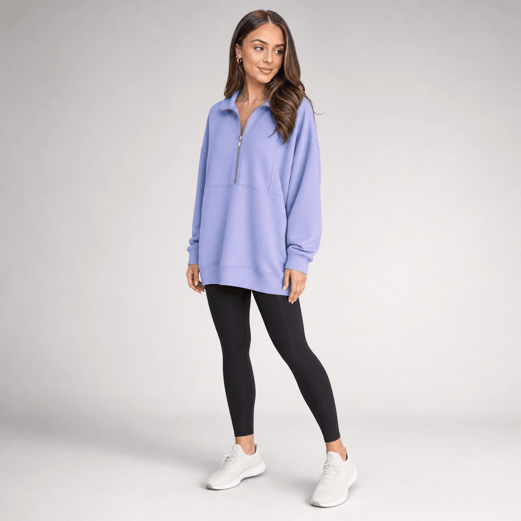 Valeria Oversized Fleece Half Zip Sweatshirt – Folded Collar Kangaroo Pocket Drop Shoulder Pullover