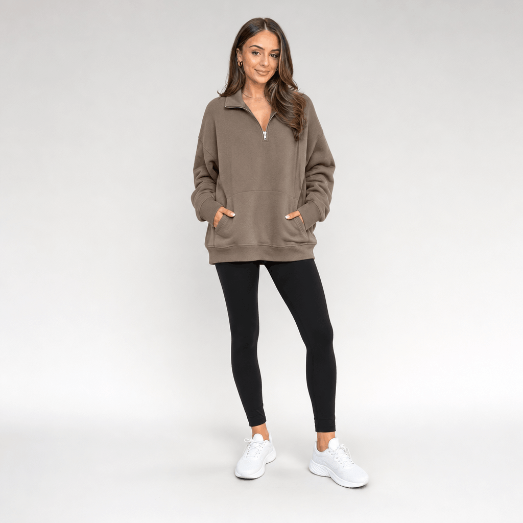 Valeria Oversized Fleece Half Zip Sweatshirt – Folded Collar Kangaroo Pocket Drop Shoulder Pullover