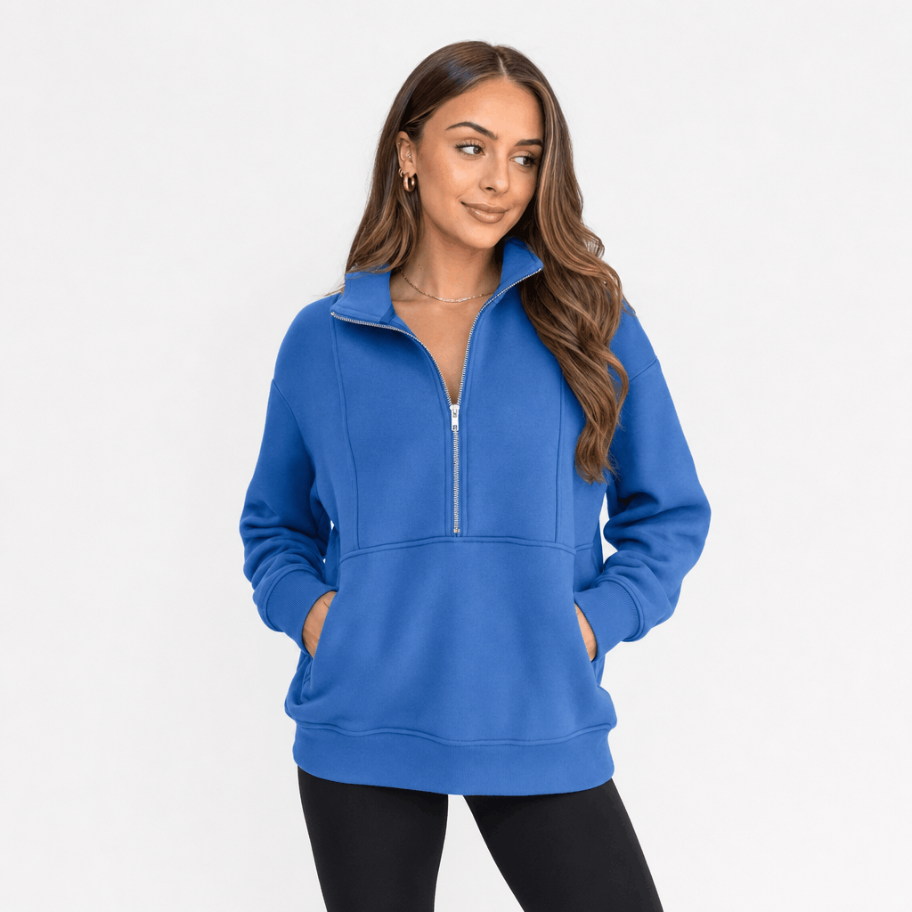 Valeria Oversized Fleece Half Zip Sweatshirt – Folded Collar Kangaroo Pocket Drop Shoulder Pullover