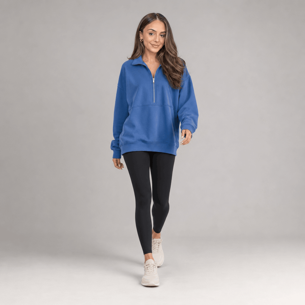 Valeria Oversized Fleece Half Zip Sweatshirt – Folded Collar Kangaroo Pocket Drop Shoulder Pullover