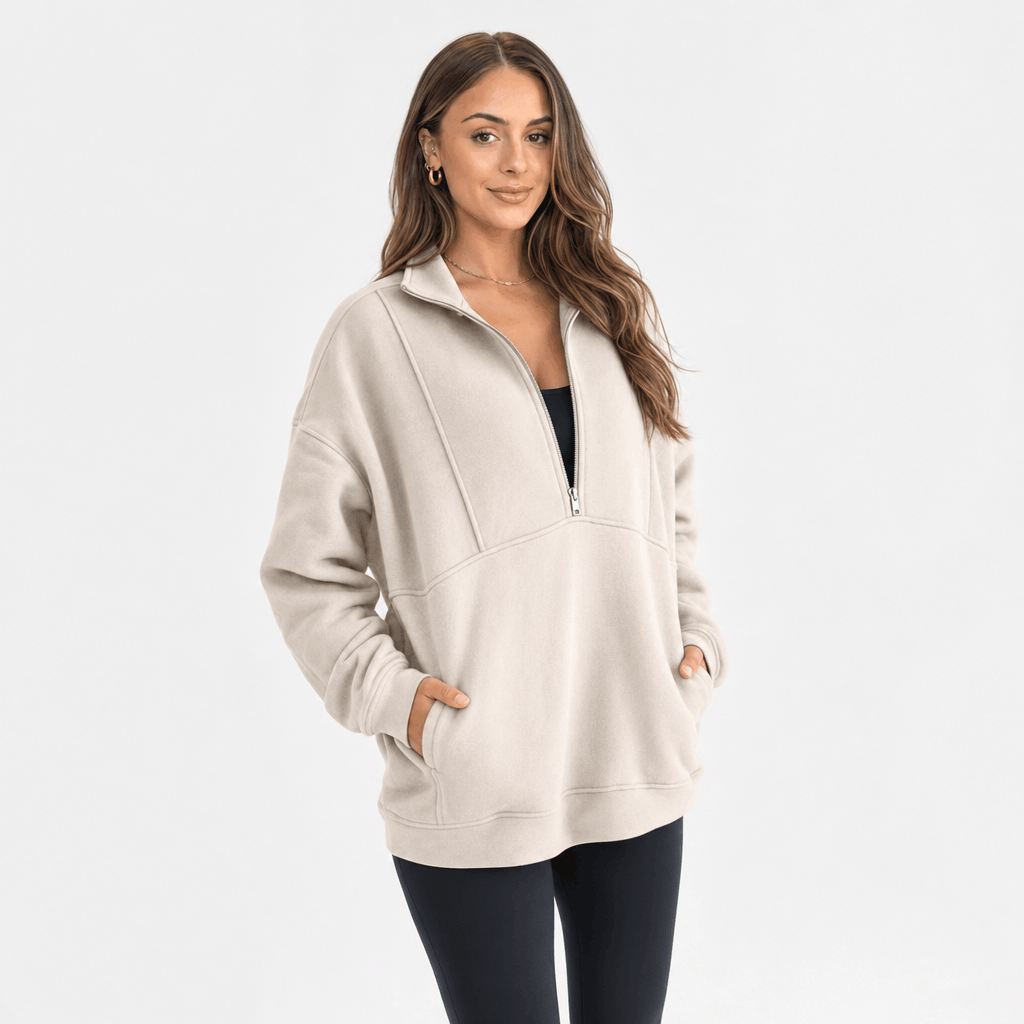 Valeria Oversized Fleece Half Zip Sweatshirt – Folded Collar Kangaroo Pocket Drop Shoulder Pullover