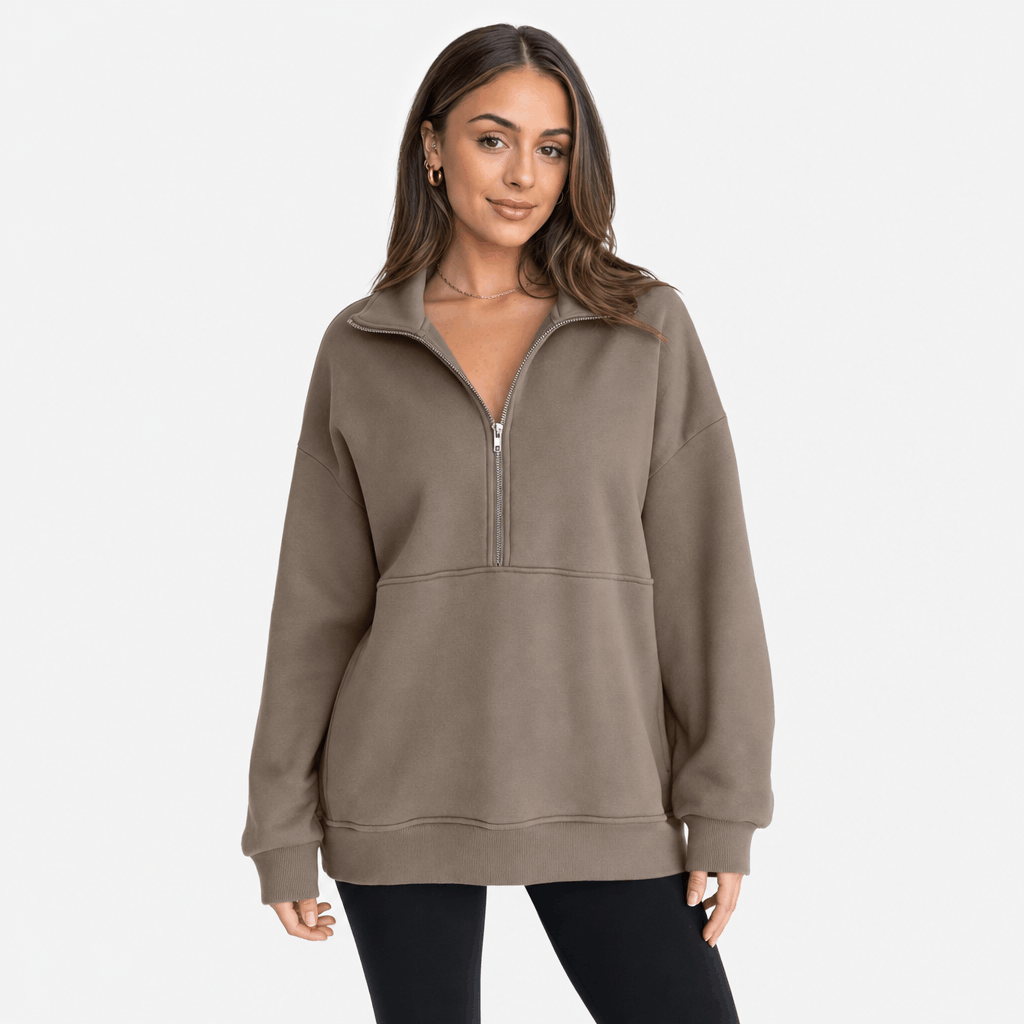 Valeria Oversized Fleece Half Zip Sweatshirt – Folded Collar Kangaroo Pocket Drop Shoulder Pullover