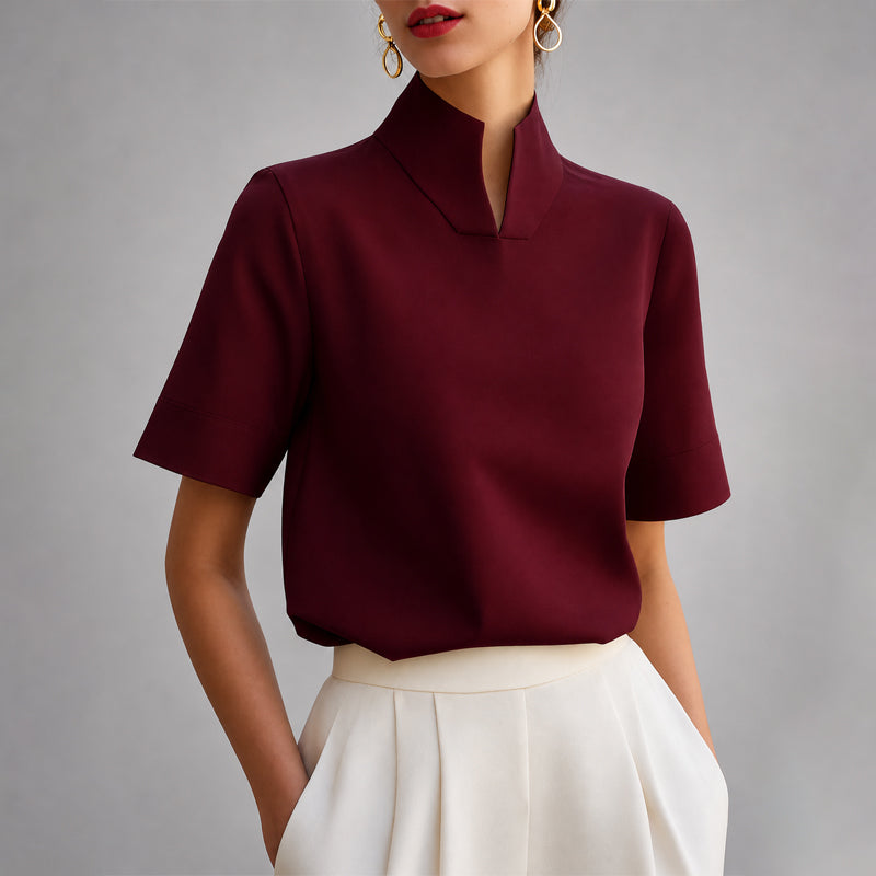 Women's Short Sleeve Blouse with Stand Collar