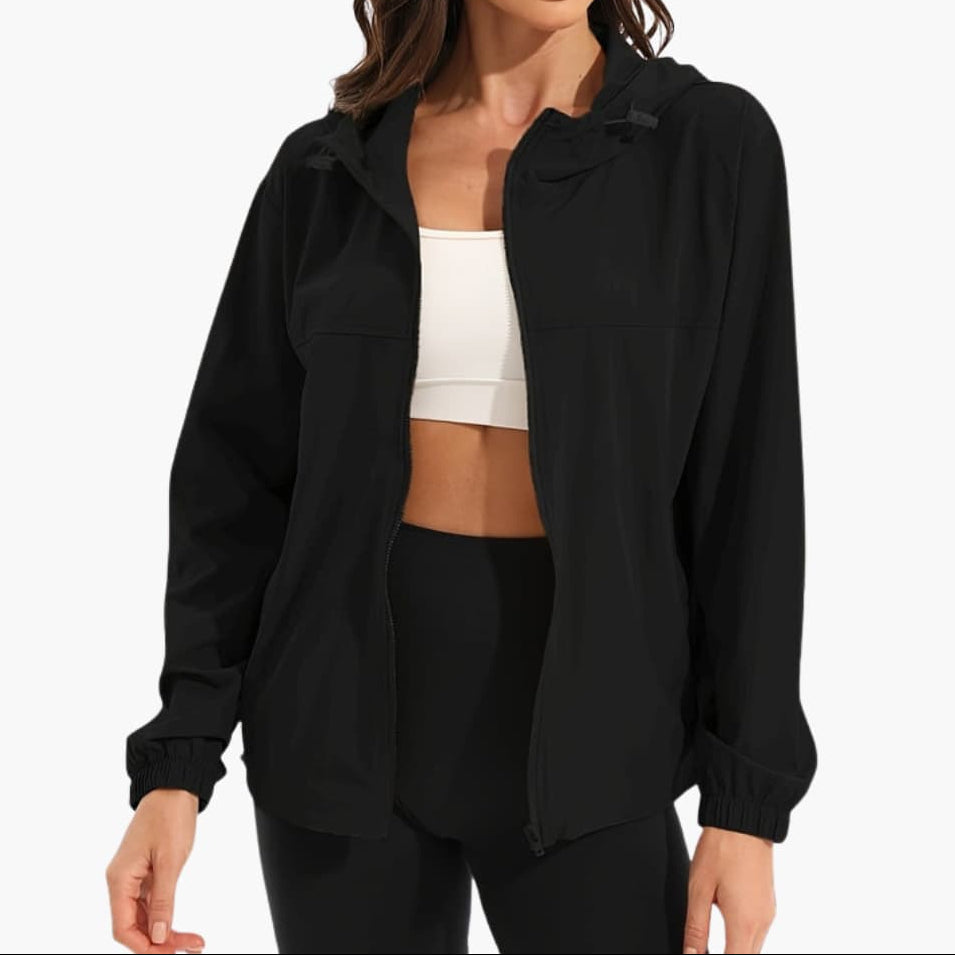 Women’s Lightweight Hooded Zip-Up Sports Jacket with Adjustable Drawcords – Relaxed Casual Outerwear for Spring and Summer